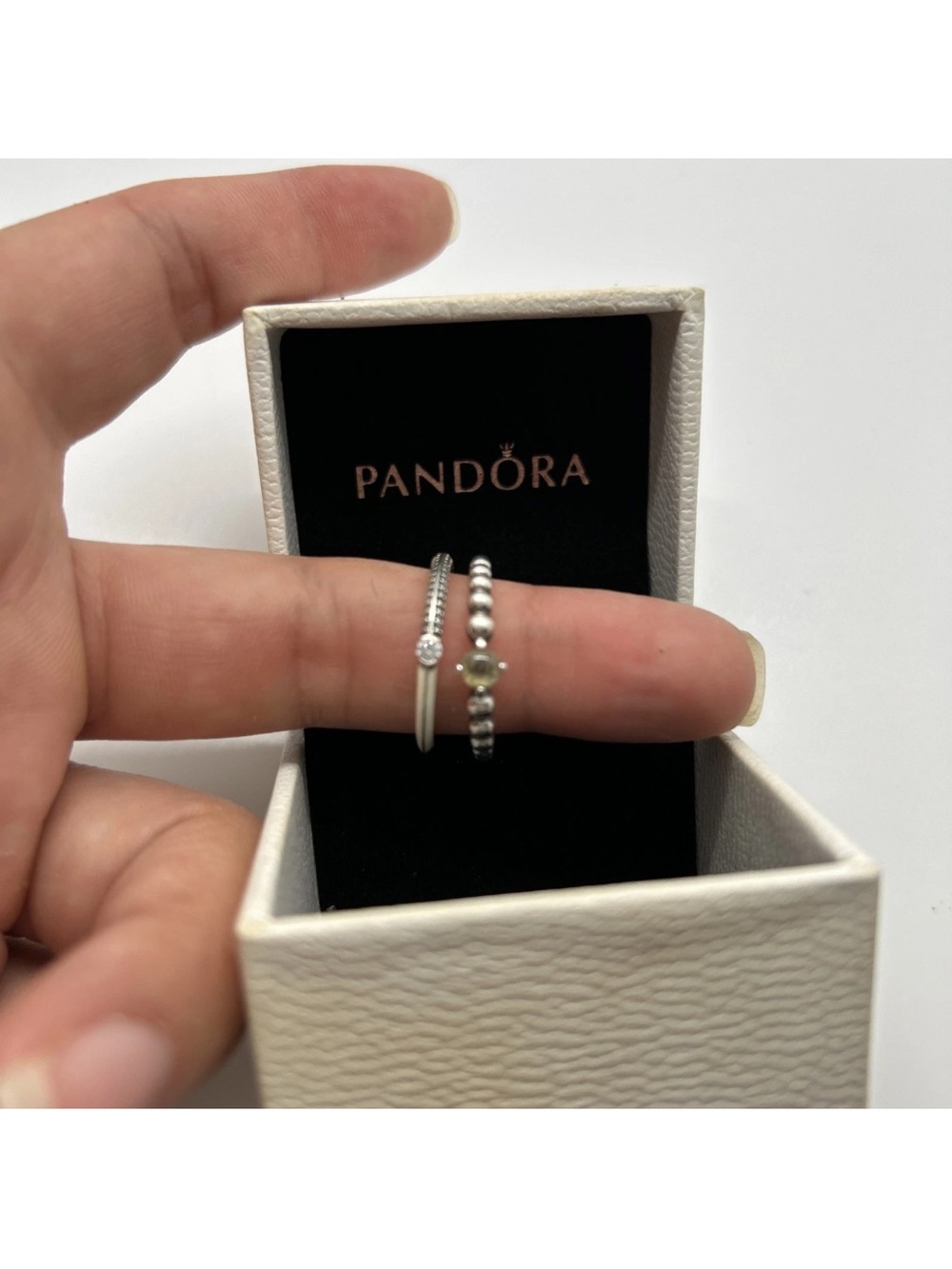 Pandora Silver Stackable Ring Duo with Clear Stone and Beaded Band